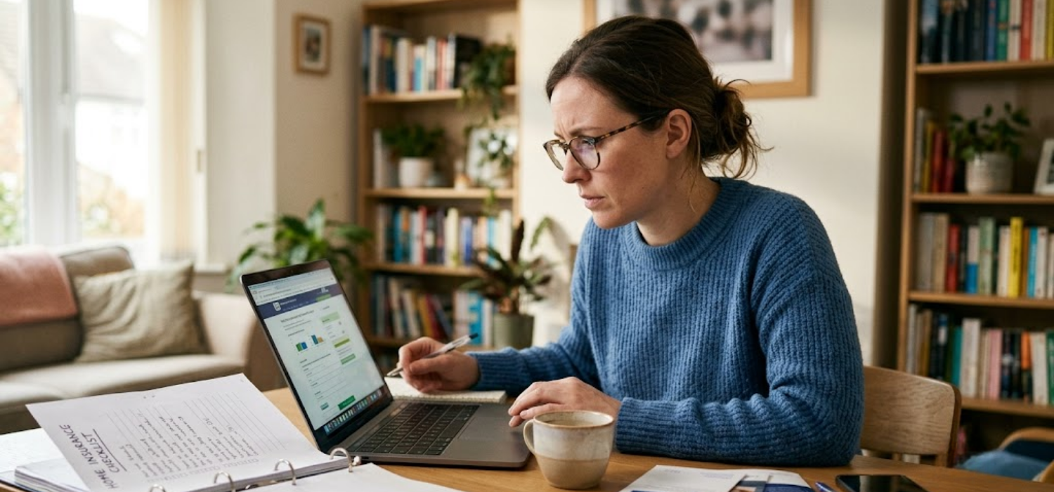 A person sitting at a desk looking focused while researching home insurance options on a laptop, surrounded by reference documents and a notebook.