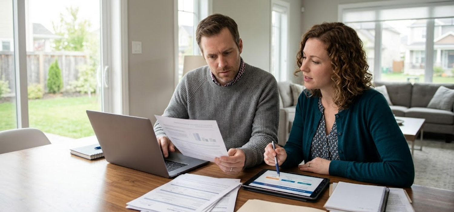 A couple sitting at a table using a laptop and tablet to find the best way to compare home insurance options for their house.