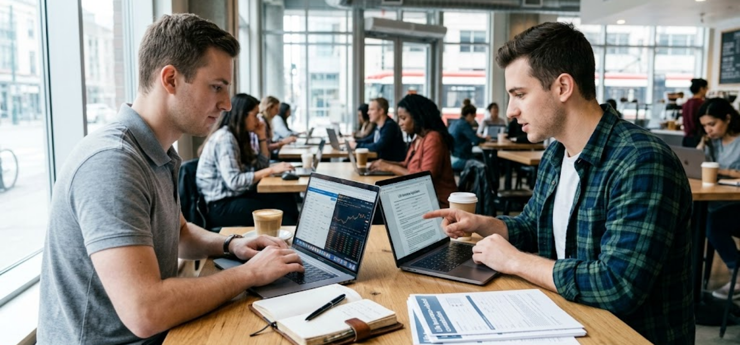 The man on the right, in a green plaid shirt, points to his laptop screen and is explaining a detailed life insurance application document for self employed.