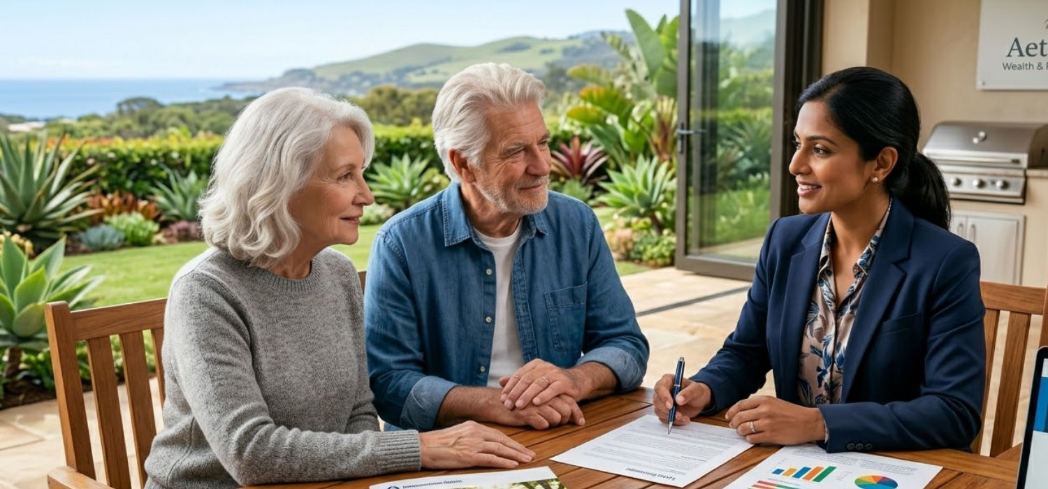 Senior couple discussing life insurance for seniors and over 70 life insurance plans, including burial insurance and senior life insurance rates with advisor.